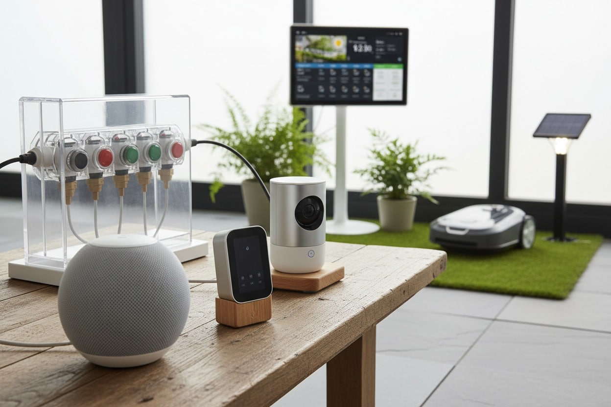 Ahşap bir masa üzerinde akıllı ev cihazları, bir güvenlik kamerası, kontrol paneli ve arka planda robot çim biçme makinesi ile güneş enerjili aydınlatma sistemi bulunuyor.
